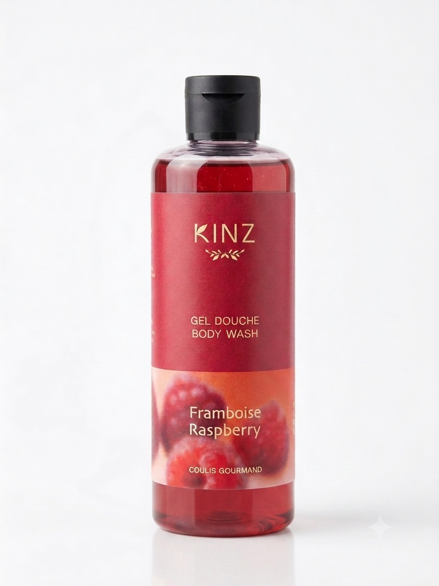 Flacon de gel douche Kinz à la framboise 250 ml, sans sulfate ni paraben