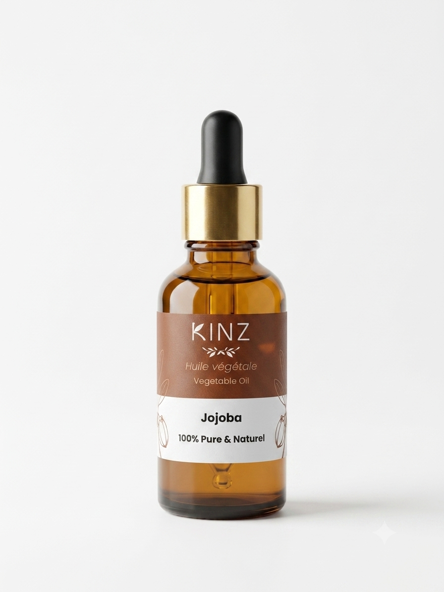 Flacon d'huile végétale de jojoba bio Kinz 30 ml, soin équilibrant peau et cuir chevelu