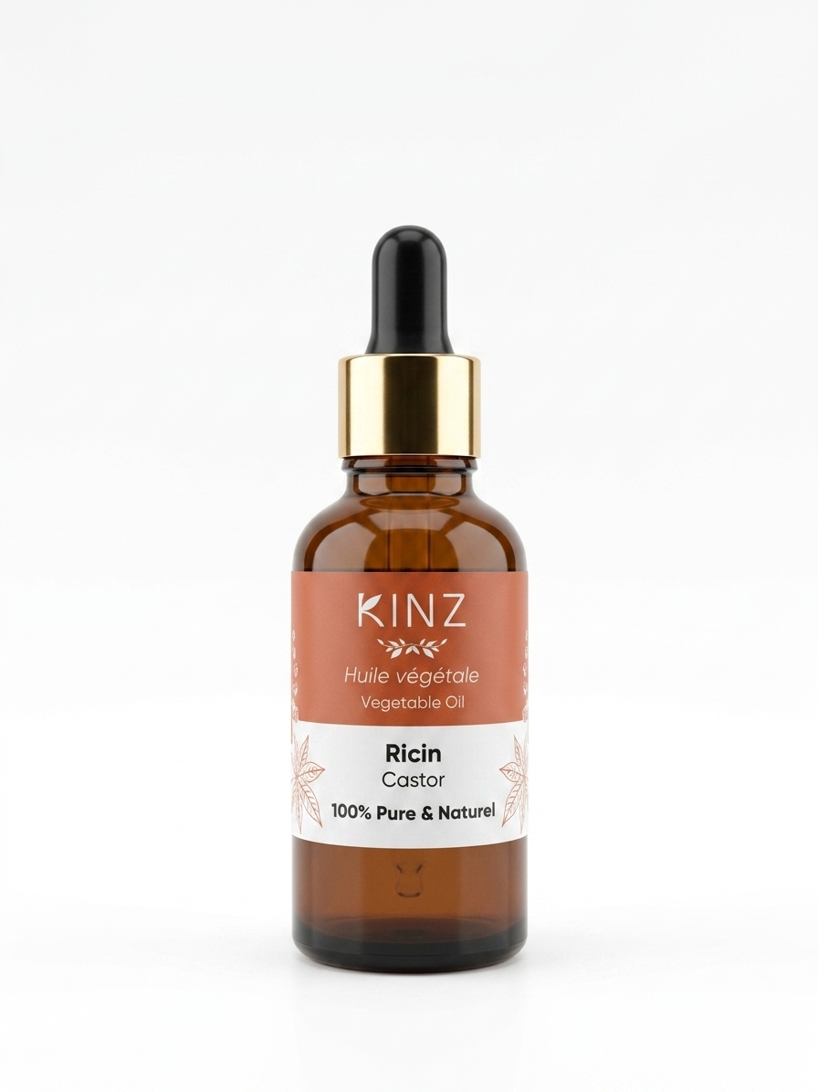 Flacon d'huile végétale de ricin bio Kinz 30 ml, soin fortifiant cheveux, cils et sourcils