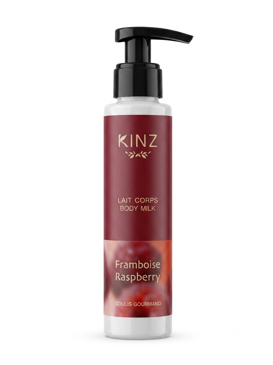 Flacon de lait de corps Kinz à la framboise 125 ml, hydratation fondante au collagène marin