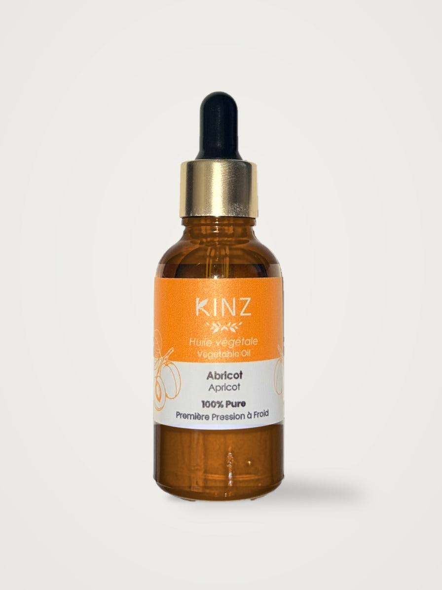 Flacon d'huile végétale d'abricot Kinz 30 ml en verre ambré avec pipette, pressée à froid, soin doux pour peaux sèches et sensibles