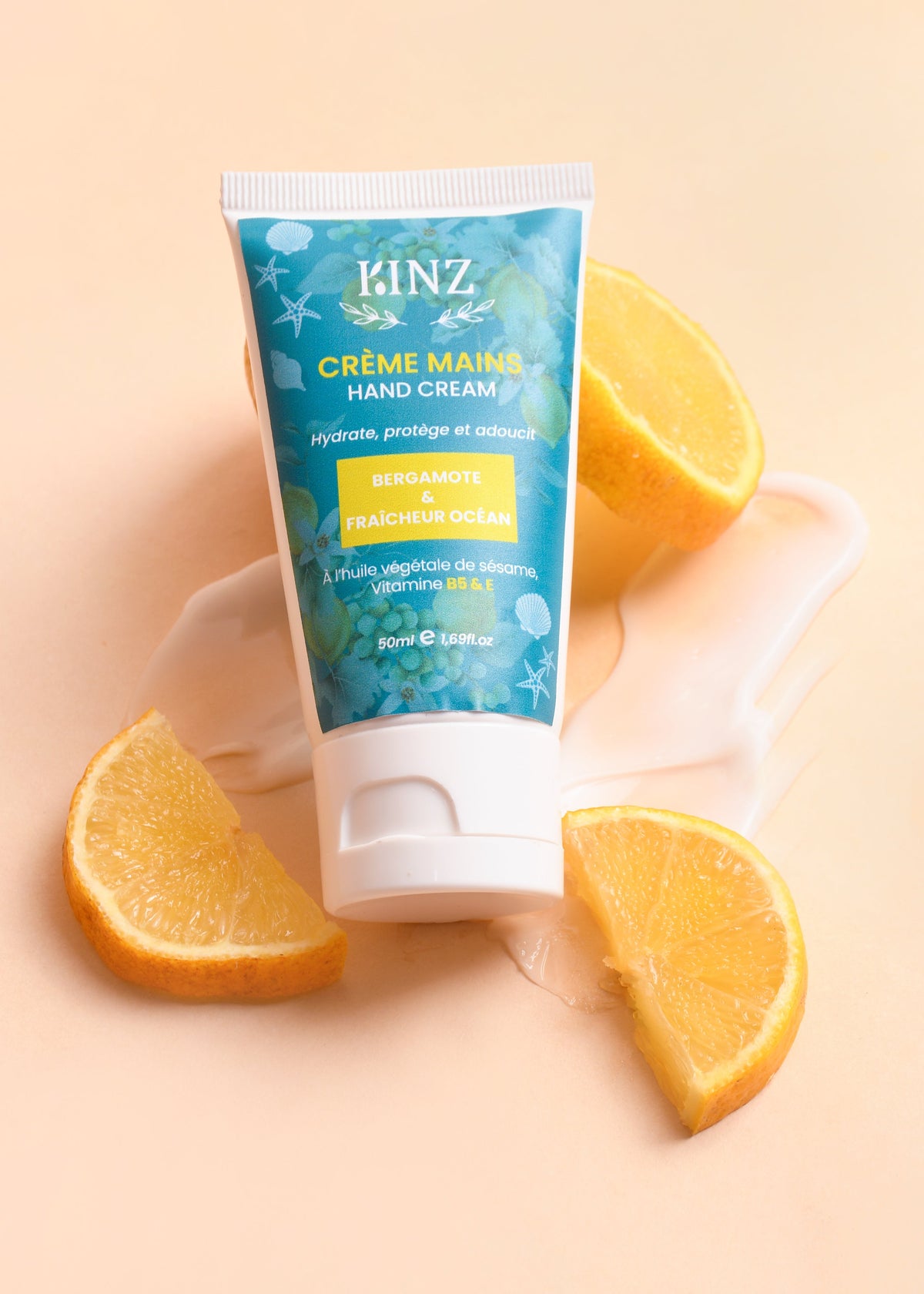 Tube de crème mains Kinz 50 g à 10% d'urée, parfum bergamote pour mains très sèches