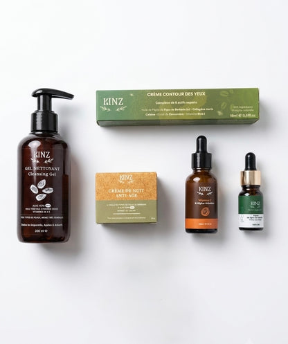 Pack Anti-Âge et Éclat Naturel Kinz, routine visage complète en 5 soins dont 2 offerts