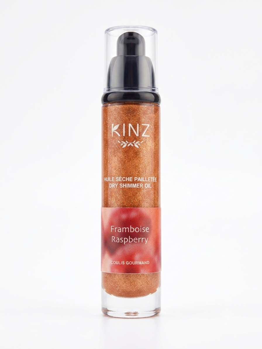 Flacon d'huile sèche pailletée Kinz à la framboise 50 ml, éclat doré pour le corps