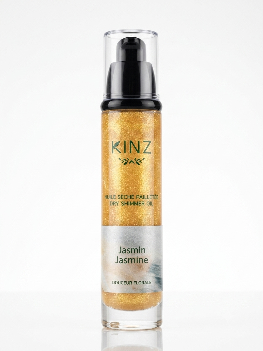 Flacon d'huile sèche pailletée Kinz au jasmin 50 ml, éclat doré pour le corps et les cheveux