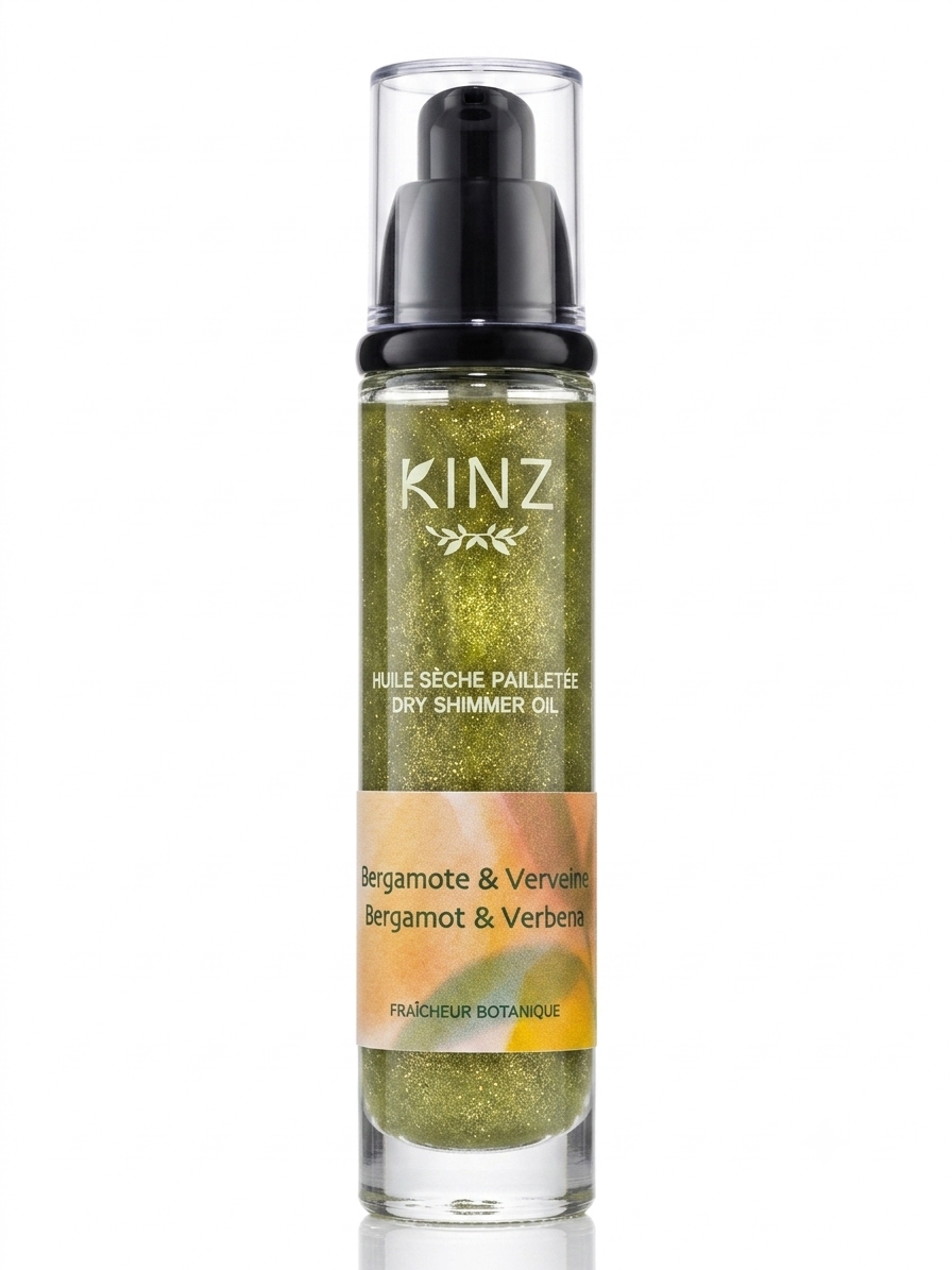 Flacon d'huile sèche pailletée Kinz à la bergamote 50 ml, éclat doré aux notes fraîches
