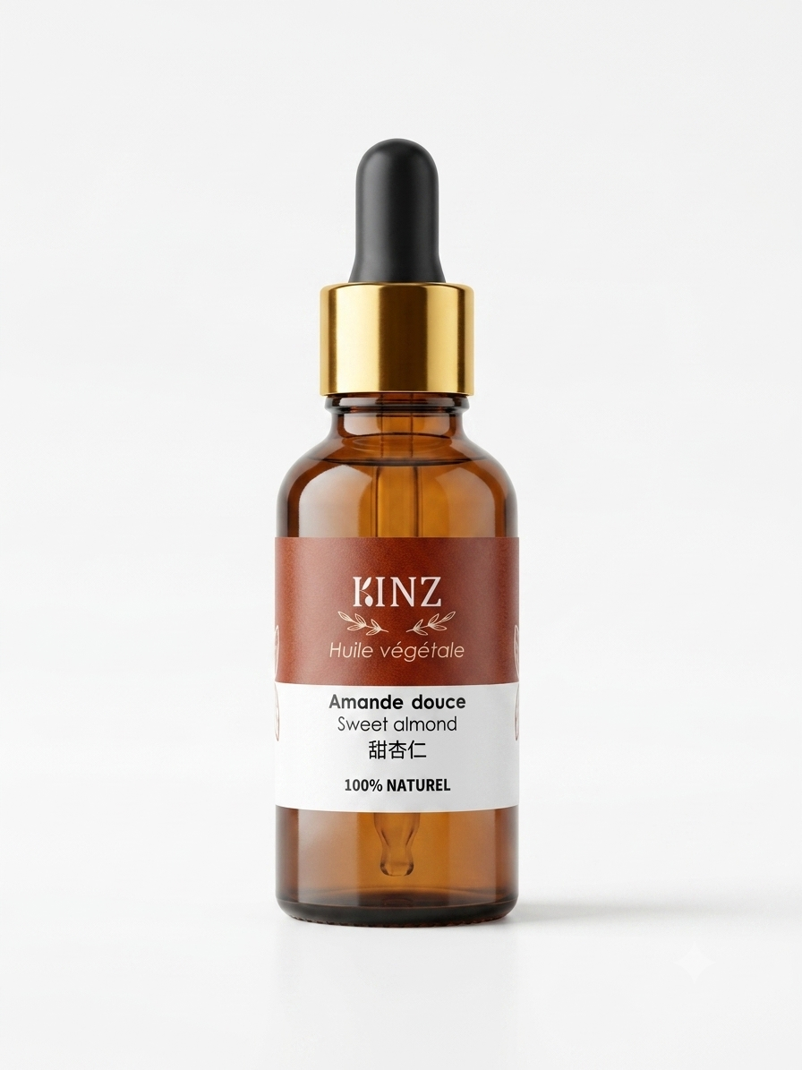 Flacon d'huile végétale d'amande douce Kinz 30 ml, soin apaisant pour peaux sensibles