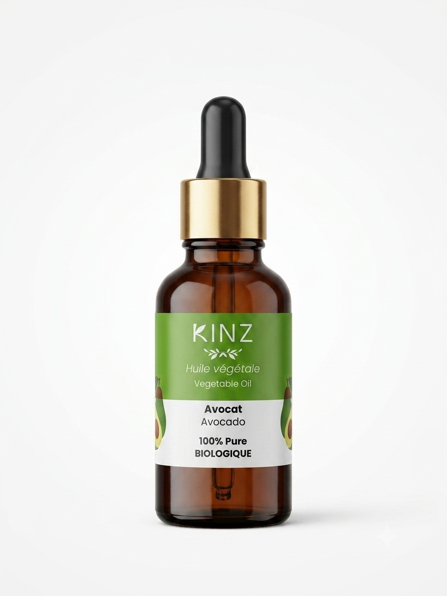 Flacon d'huile d'avocat bio Kinz 30 ml, soin nourrissant pour peaux très sèches et cheveux