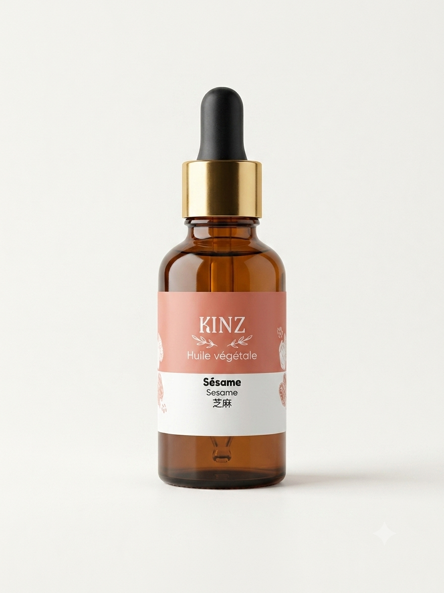 Flacon d'huile végétale de sésame Kinz 30 ml, soin nourrissant corps et visage pressé à froid