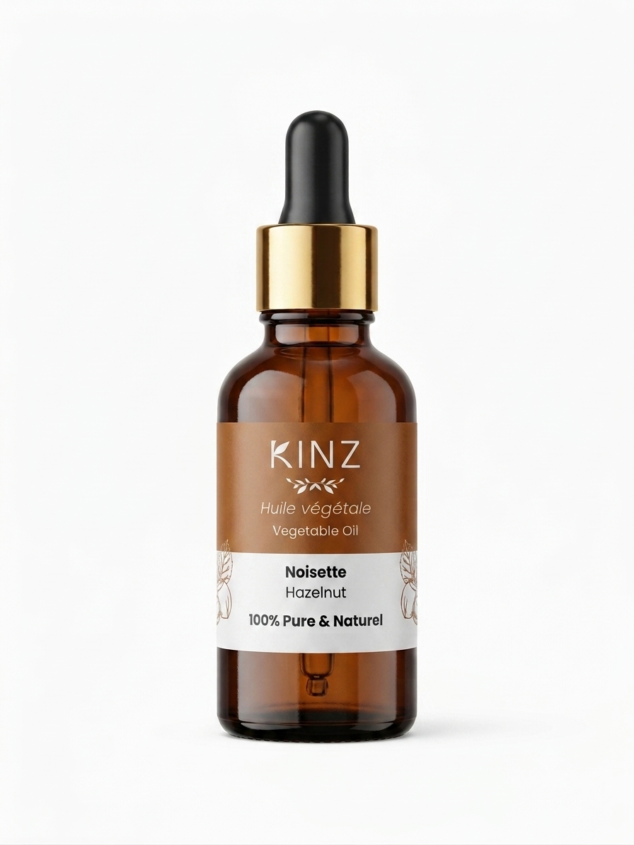 Flacon d'huile végétale de noisette bio Kinz 30 ml, soin non comédogène peaux mixtes à grasses