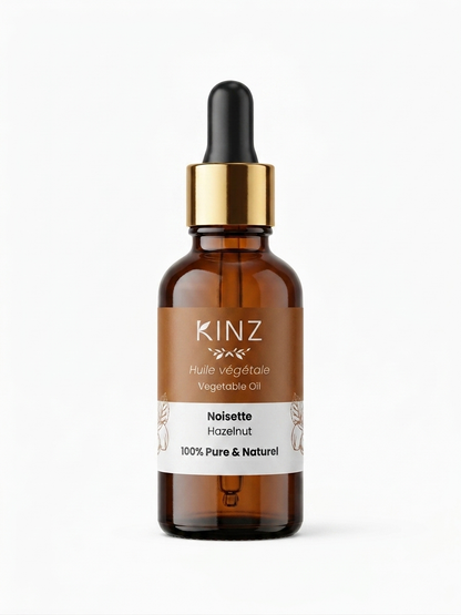Flacon d'huile végétale de noisette bio Kinz 30 ml, soin non comédogène peaux mixtes à grasses