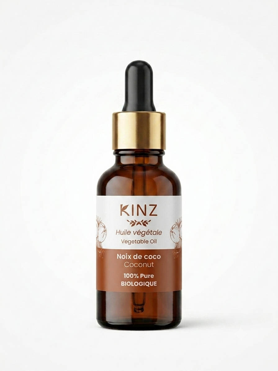Flacon d'huile de noix de coco bio Kinz 30 ml, soin nourrissant et démaquillant naturel