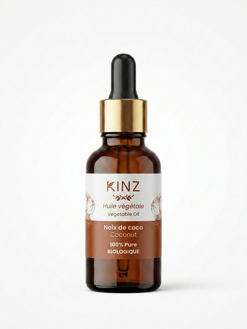 Flacon d'huile de noix de coco bio Kinz 30 ml, soin nourrissant et démaquillant naturel