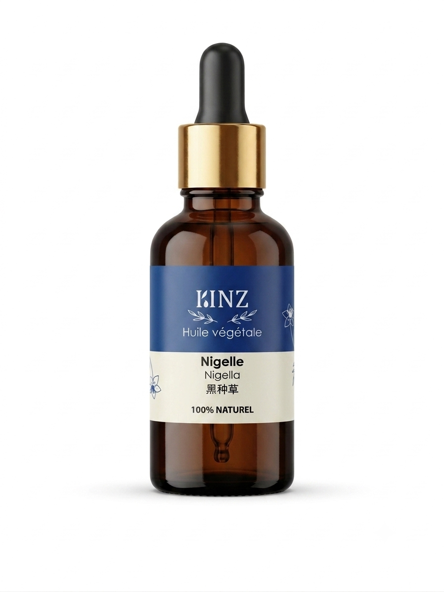 Flacon d'huile végétale de nigelle Kinz 30 ml, soin purifiant pour peaux à imperfections