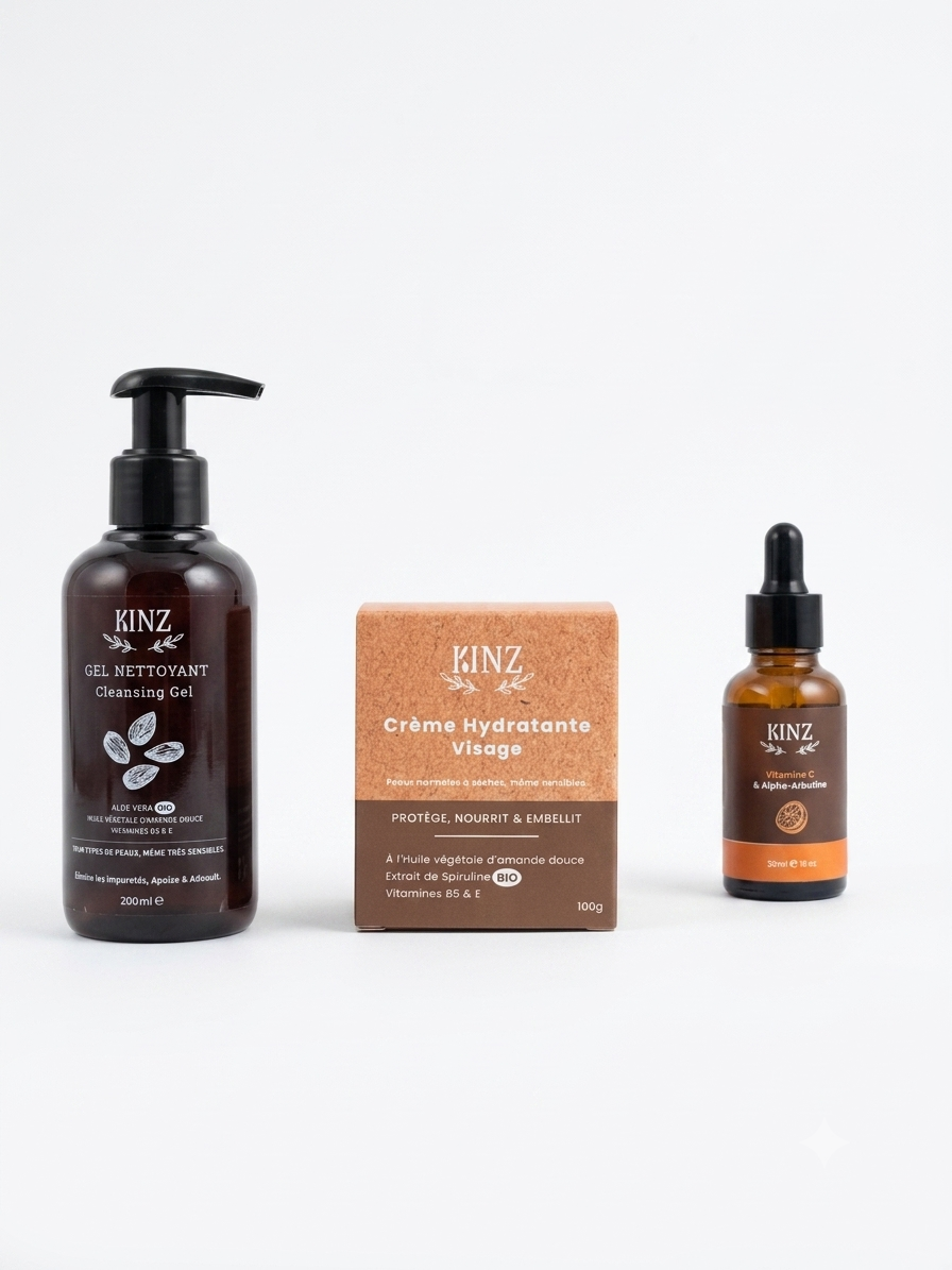 Pack Hydratation et Anti-Taches Kinz : gel nettoyant, crème spiruline et sérum vitamine C