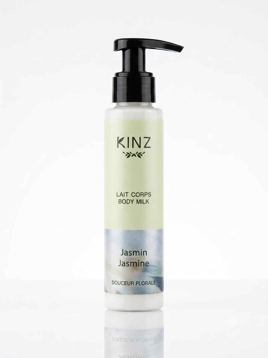 Flacon de lait de corps Kinz au jasmin 125 ml, hydratation fondante au collagène marin