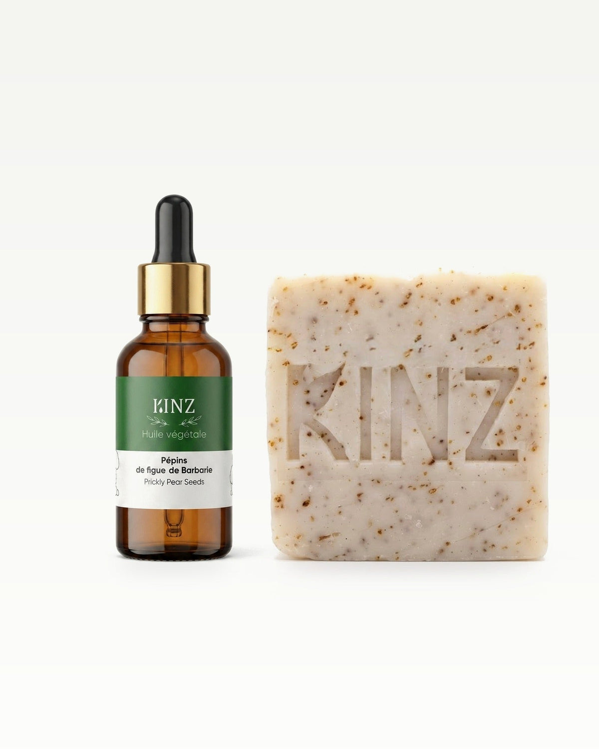 Duo Éclat de Figue Kinz : huile de pépins de figue de barbarie bio 30 ml et savon exfoliant à la poudre de pépins de figue de barbarie