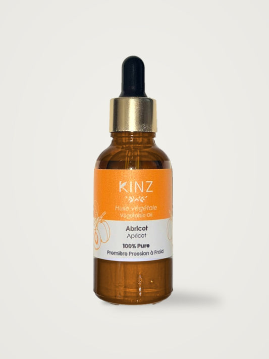 Flacon d'huile végétale d'abricot Kinz 30 ml en verre ambré avec pipette, pressée à froid, soin doux pour peaux sèches et sensibles