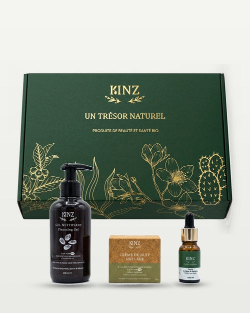 Pack l'Essentiel Anti-âge Kinz devant son coffret vert : gel nettoyant, crème de nuit anti-âge et huile de pépins de figue de barbarie