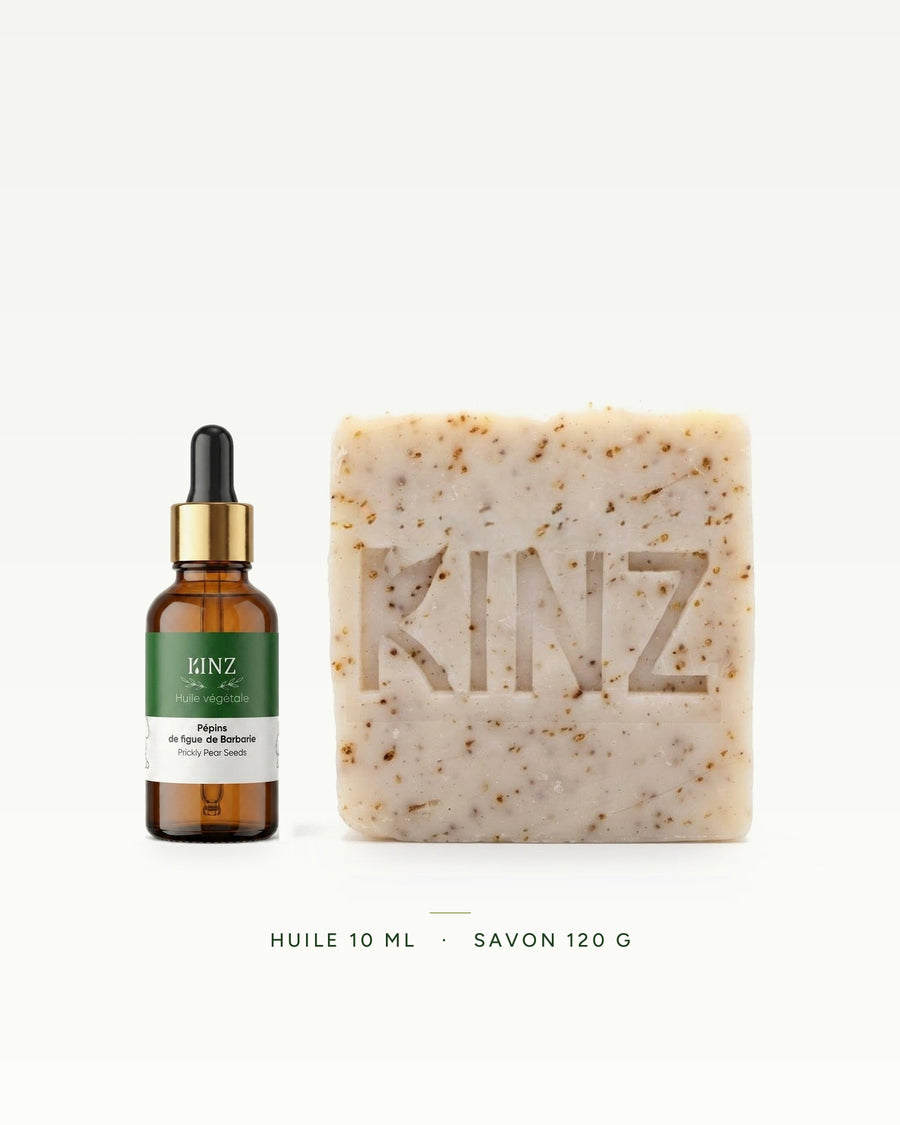 Rituel Découverte Kinz : huile de pépins de figue de barbarie bio 10 ml et savon artisanal à la poudre de pépins de figue de barbarie 120 g