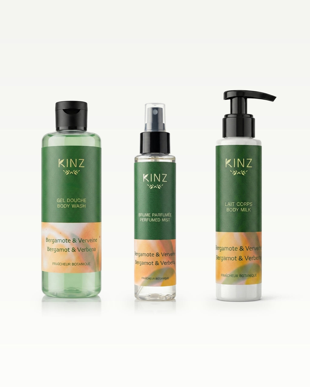 Trio Brume Bergamote & Verveine Kinz : gel douche, brume parfumée et lait de corps à la bergamote