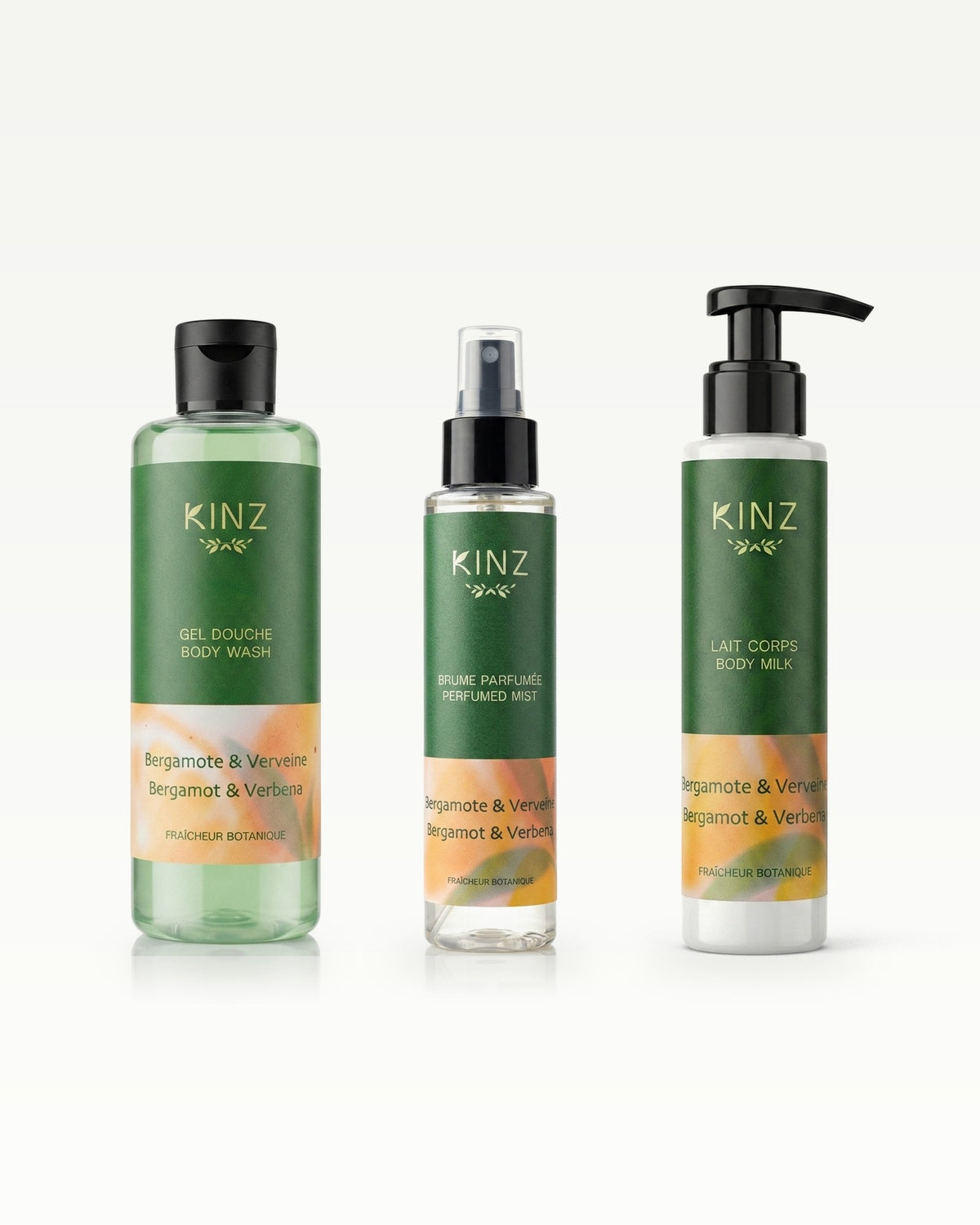 Trio Brume Bergamote & Verveine Kinz : gel douche, brume parfumée et lait de corps à la bergamote