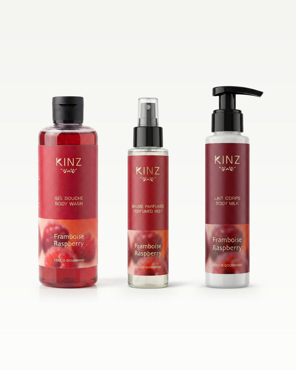 Trio Brume Framboise Kinz : gel douche, brume parfumée et lait de corps à la framboise